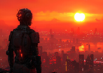 Cyborg overlooking a futuristic city from a rooftop at dawn, his silhouette outlined against the rising sun, contemplating his role in this world