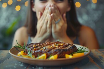 A woman covers his mouth in front of a plate of steak. World vegan day concept, no appetite