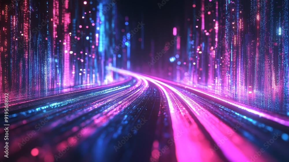 Poster a fantastic image of an abstract futuristic background with bokeh lights and glowing neon green and 