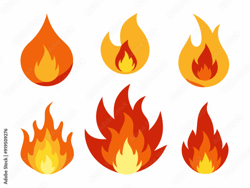 Wall mural Cartoon fire. Flame of infernal fireballs, red and yellow campfire, hot wildfire and bonfire, burn power. Hellfire, burning icons isolated vector set
