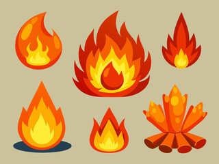 Cartoon fire. Flame of infernal fireballs, red and yellow campfire, hot wildfire and bonfire, burn power. Hellfire, burning icons isolated vector set
