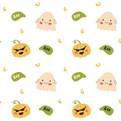 Childrens halloween pattern with cute characters. Pumkins and ghosts, boo. Cute childish seamless pattern.