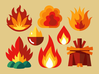 Cartoon fire. Flame of infernal fireballs, red and yellow campfire, hot wildfire and bonfire, burn power. Hellfire, burning icons isolated vector set
