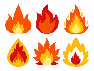 Cartoon fire. Flame of infernal fireballs, red and yellow campfire, hot wildfire and bonfire, burn power. Hellfire, burning icons isolated vector set
