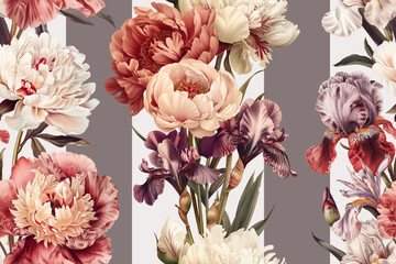 Seamless vector pattern with peony and iris flowers isolated on a changeable white background. © Anna
