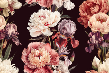 Seamless vector pattern with peony and iris flowers isolated on a changeable white background.