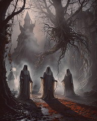 Scary spooky forest with ghosts and haunted house. Halloween background