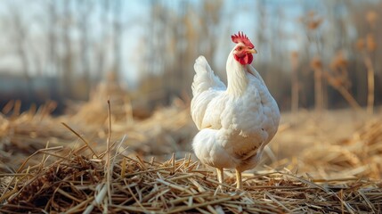 Fototapeta premium Beautiful white chicken posing outdoors in straw