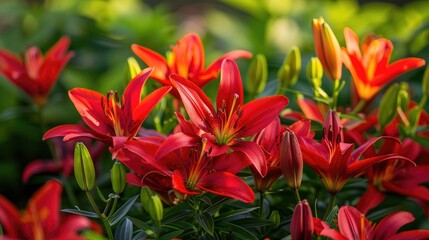 Fototapeta premium Blooming red Asiatic lilies in a garden Concept of horticulture and natural beauty