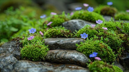 Moss-Covered Stones: A close-up of smooth stones covered in soft, green moss, with small wildflowers growing between them, creating a peaceful, earthy scene.