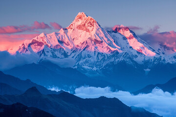 Snow-capped mountains glowing pink in the light of the setting sun