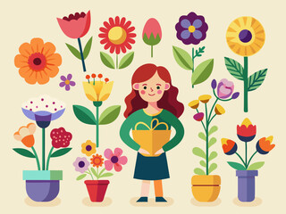 Flower bouquets. Garden blossoming flowers with stem and leaves, floral bouquet. Various cartoon romantic flowering plant for Woman and Mother day. Vector set 
