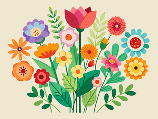 Flower bouquets. Garden blossoming flowers with stem and leaves, floral bouquet. Various cartoon romantic flowering plant for Woman and Mother day. Vector set 
