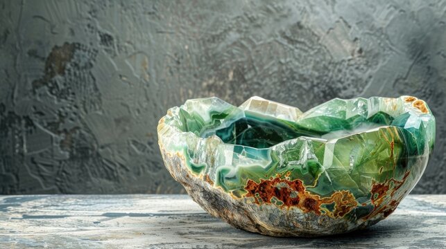 Bowl made of green serpentine and verdite crystal with space for text