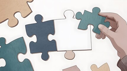 Fototapeta premium Jigsaw Puzzle with Missing Piece. An illustration of a jigsaw puzzle with one piece missing, revealing a blank space. The puzzle pieces are in neutral colors. The background is white, providing