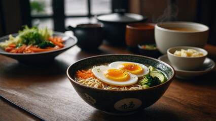 Halal ramen with chicken broth, half-boiled egg and vegetables, served at a Japanese-style cafe table
