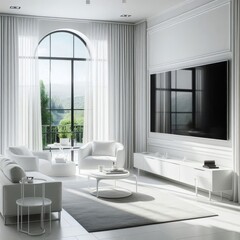 Fototapeta premium a living room with a large flat screen tv on the wall.