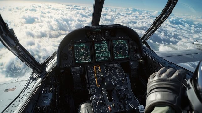 A detailed close-up of a fighter jet's cockpit, showing the pilot's gloved hand on the controls, with the heads-up display reflecting data, and a view of the sky and clouds outside 
