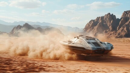 A futuristic military hovercraft zooming across a desert landscape, kicking up dust clouds as it moves, with a backdrop of jagged mountains under a clear, blue sky 