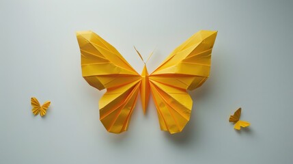 Butterfly made of folded paper on a plain white surface