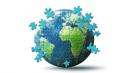 Fototapeta premium Jigsaw Puzzle with Pieces Forming a Globe. An illustration of jigsaw puzzle pieces arranged to form a globe. The pieces are in shades of blue and green, representing the Earth. The background