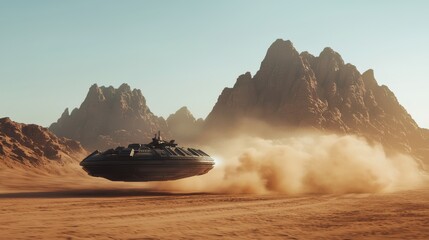 A futuristic military hovercraft zooming across a desert landscape, kicking up dust clouds as it moves, with a backdrop of jagged mountains under a clear, blue sky 