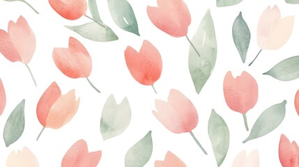Romantic Tulip Floral Pattern with Pink and White Blooms on Minimalist Background