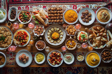 A flat lay of a Ramadan iftar gathering Islamic