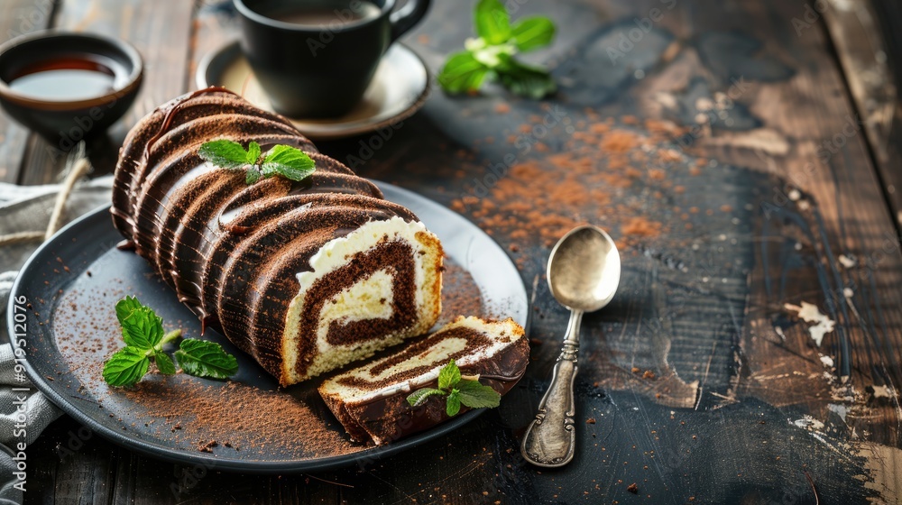 Poster chocolate and vanilla cream cake roll slice on rustic table with copy space