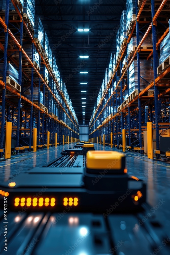 Poster futuristic port warehouse with ai-driven inventory management and robotics