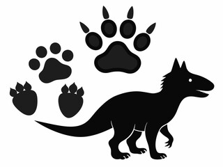 Dinosaur footprint. Black dino silhouette fossil paw print. Monster reptile footsteps. Paleontology fossil footprints. Tyrannosaurus, triceratops paws vector set
