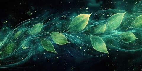 Green Leaves Floating in a Glowing, Wavy Substance