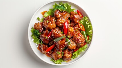 Chinese pork dish served in a bowl on a white background View from above