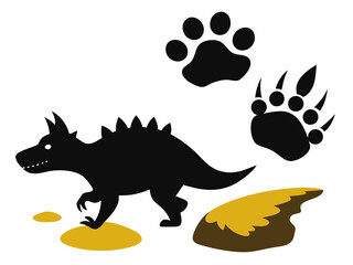 Dinosaur footprint. Black dino silhouette fossil paw print. Monster reptile footsteps. Paleontology fossil footprints. Tyrannosaurus, triceratops paws vector set
