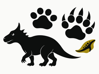 Dinosaur footprint. Black dino silhouette fossil paw print. Monster reptile footsteps. Paleontology fossil footprints. Tyrannosaurus, triceratops paws vector set

