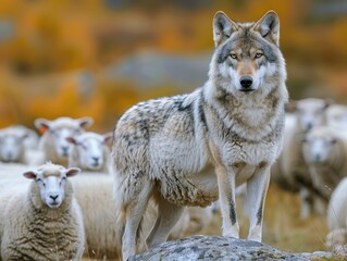 Obraz premium A wolf stands confidently among a flock of sheep, showcasing the stark contrast between predator and prey in a serene landscape.