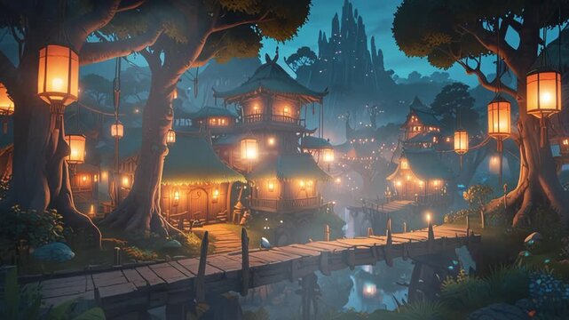 tree house village with floating lantern lights at night, in cartoon style. Seamless looping 4k video animation