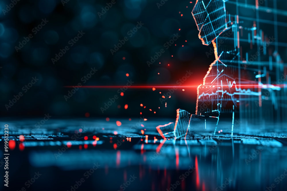 Poster digital financial market crash concept with broken graph and red light on dark background