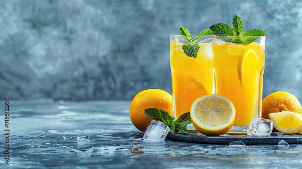 Poster citrus lemonade in glasses on gray background with space for text