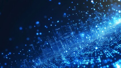 A futuristic technology wallpaper with digital waves is an abstract illustration of data flowing through a network of nodes. The background features binary code and stock algorithms.