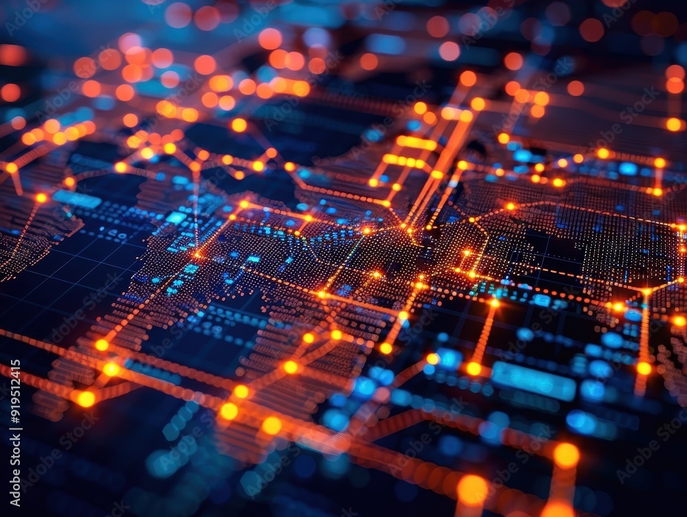 Poster abstract digital circuitry image with glowing nodes and pathways, representing technology and innova