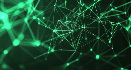 Fototapeta premium Graphic background of dark green abstract network grid with particles connected. Sci-fi digital technology background of line connect network data graphics. Abstract polygonal wallpaper.