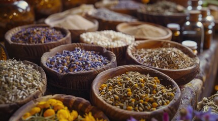 Close up of herbal medicines in traditional Unani medicine concept