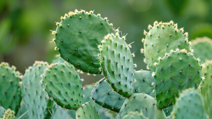 Close up of large needles on a green prickly pear cactus