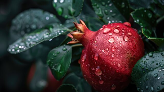 Close up photo of pomegranate fruit and leaves with raindrops