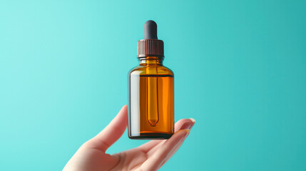 A person is holding a bottle of essential oil, green background. Generative AI