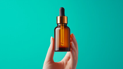 A person is holding a bottle of essential oil, green background. Generative AI
