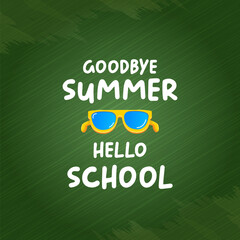 vector goodbye summer hello school concept illustration with vintage orange summer sunglasses isolated on green. End of summer back to school label, sticker , icon, logo poster design template