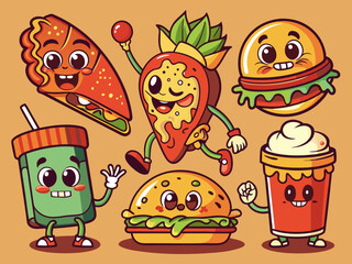 Retro cartoon fast food. Vintage 60s food mascot characters. Groovy 70s stickers in trendy style. Comic soda, crazy burger, psychedelic hot dog, cute pizza face. Vector set
