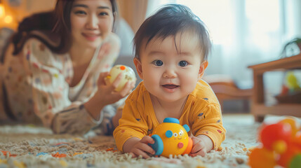 Fototapeta premium A baby is smiling and laying on a rug. Generative AI